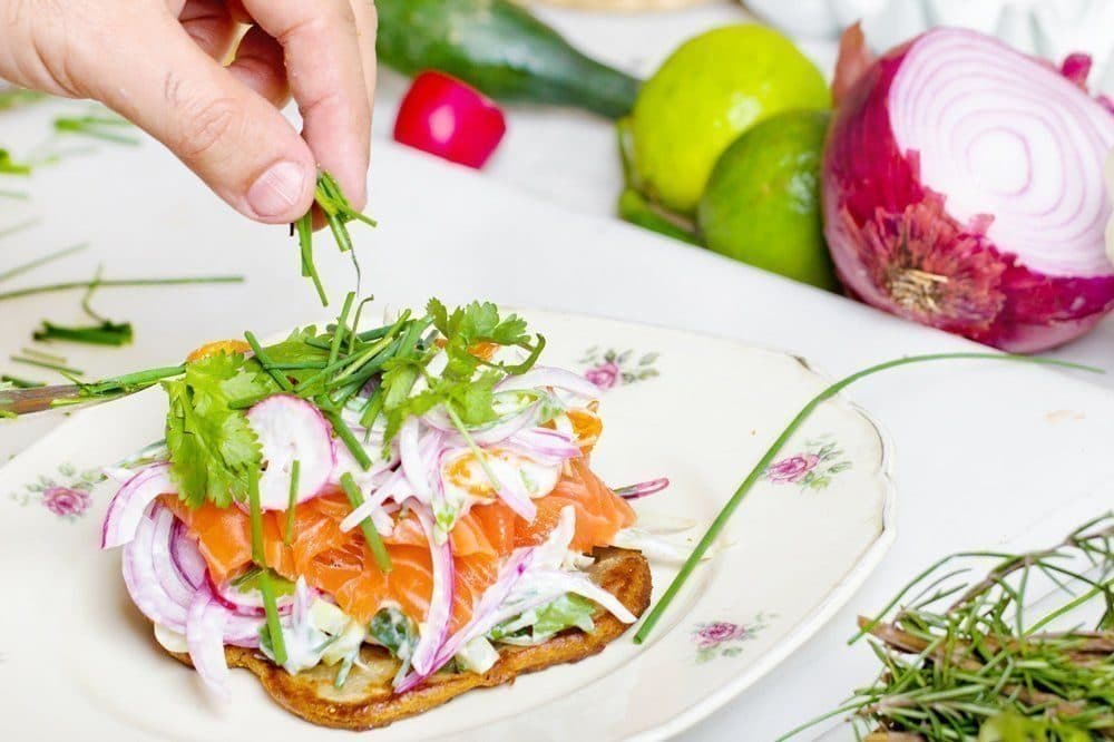 Salmon toast with fresh herbs